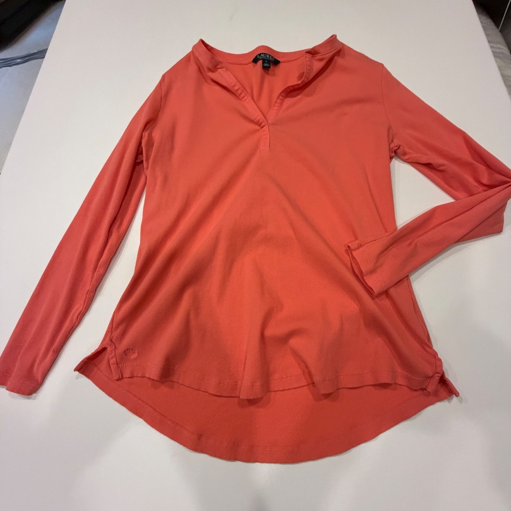Lauren Ralph Lauren Womens 1X Coral Pink Ribbed Long Sleeve Split Neck Top